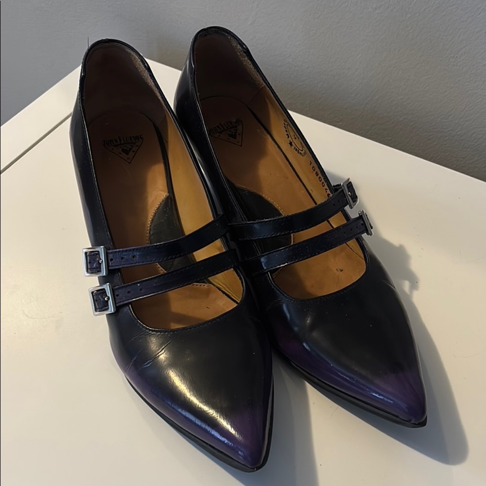 Fluevog Tanya Purple and Black Kitten Heels